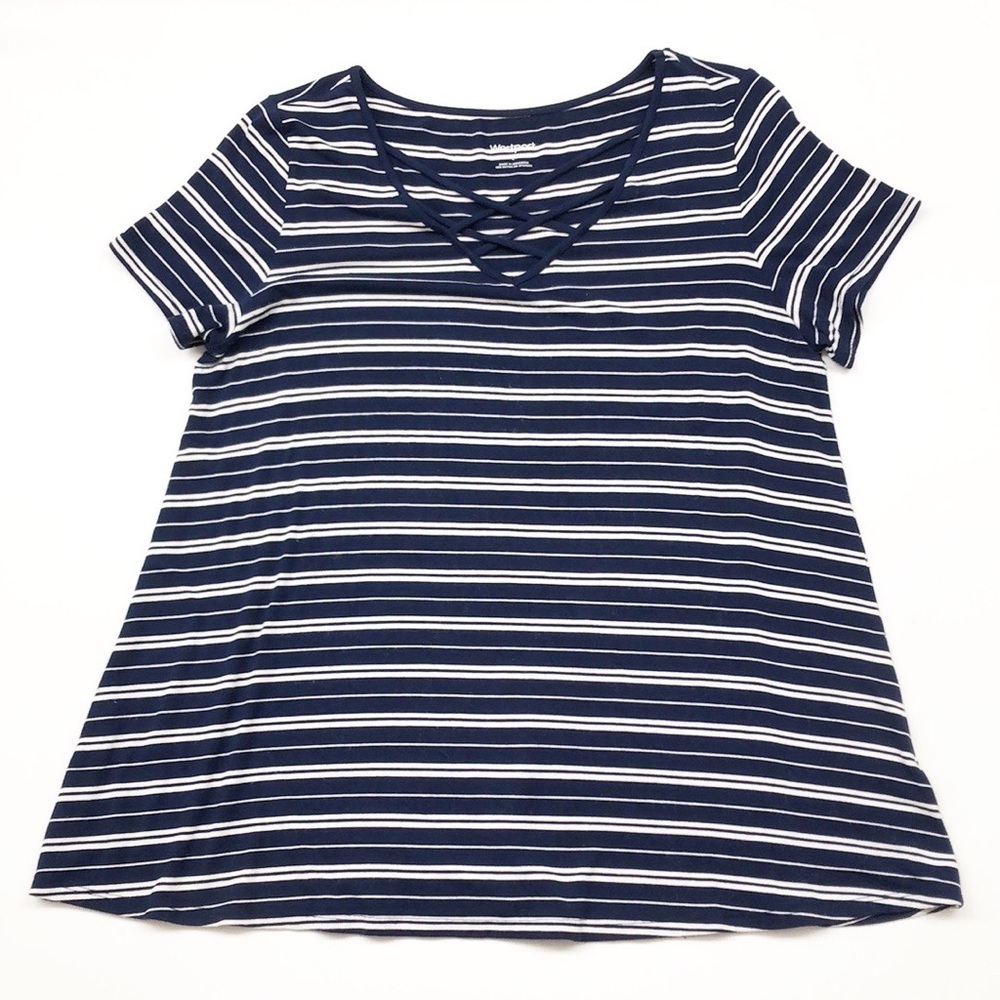 Westport navy blue/white striped criss cross strap top